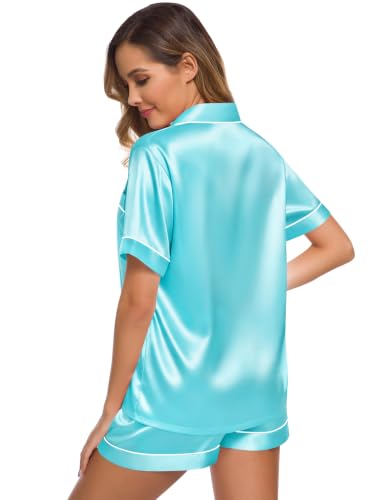 Image of SWOMOG Womens Silk Satin Pajamas Set Short Sleeve Sleepwear Button Down Top and Shorts Loungewear 2 Piece Pjs Set XS-3XL