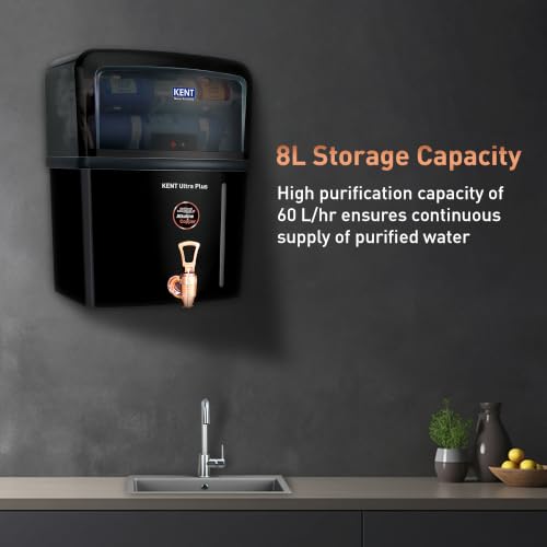 Image of KENT Ultra Plus UV Water Purifier | UV+UF+Alkaline+Copper Water Purification | With Benefits of Alkaline & Copper | Fully Automatic Operation | Wall Mountable | 8L Storage | 60 L /hr Output | Black