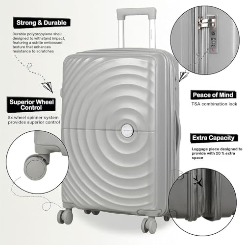 Image of 360 Spinner Wheel | Lock | 8 Wheel | 65cm | Medium 24 inch Hard PP Check-in Suitcase for Travel /Trolley Bag for Travel /Travel Bag with Double Wheel for Men & Women (Silver)
