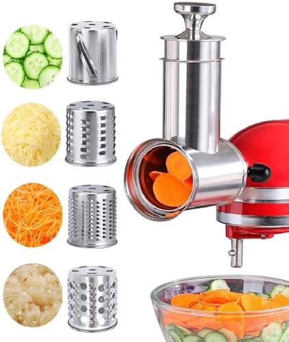 Stainless Steel Slicer Shredder Attachment for KitchenAid Stand Mixers, Large Salad Maker,Cheese Grater Accessories with 4 Blades,Dishwasher Safe