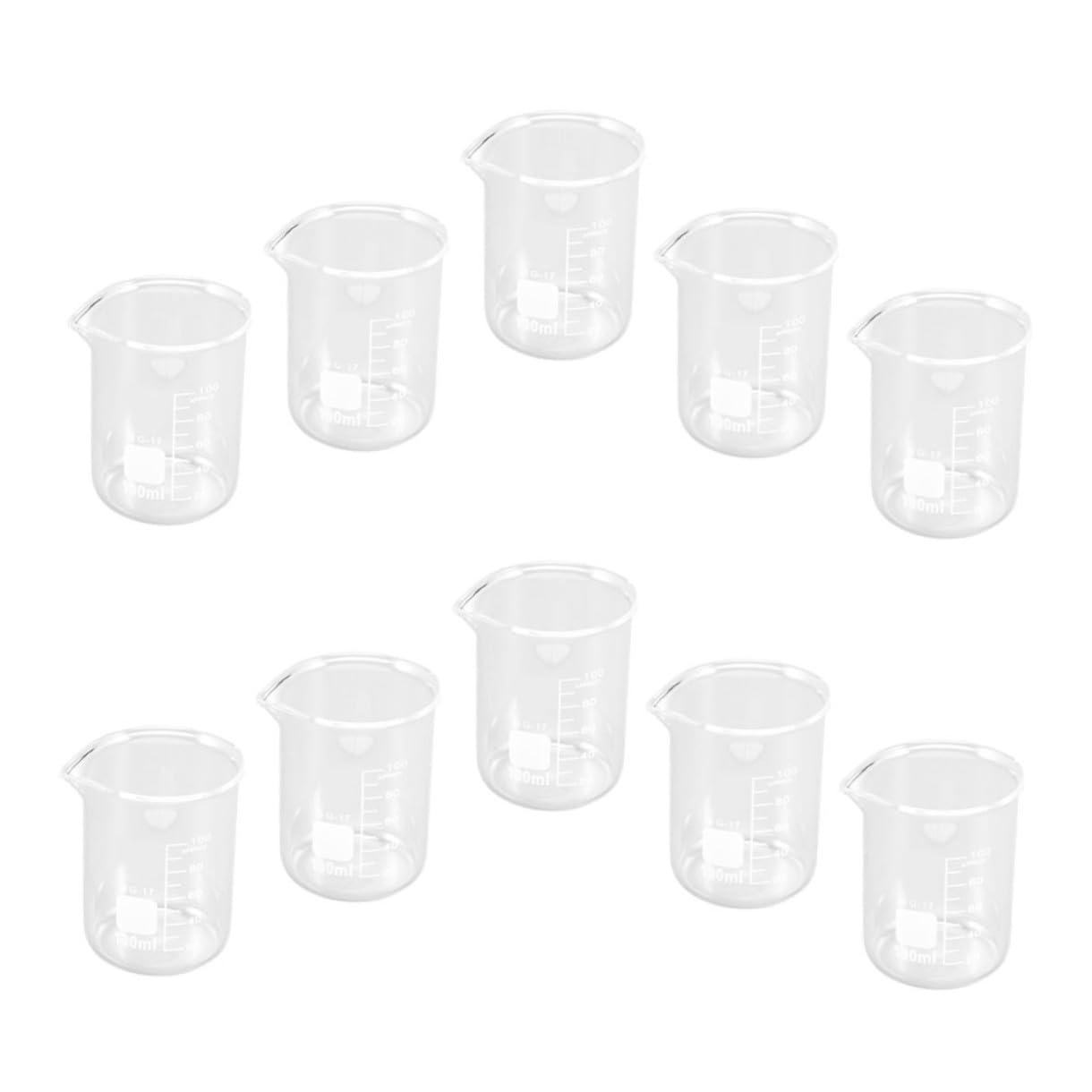 VANZACK 100ml Glas Messbecher 10 Stück, Transparent, mit Skala | Laborbecher für Flüssigkeiten, Leicht und Tragbar, Einfach zu Reinigen, Klar Lesbar