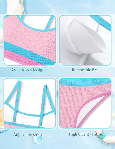 Image of Girls Bathing Suit Color-Block Adjustable Straps Bikini Sets Girls Two Piece Swimsuits with Chest Pad Swimwear 7-18T