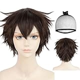 JoneTing Short Brown Wigs【+Hair Cap】 for Men Brown Spiky Wig Short Browny Wigs for Men for Halloween Anime Browny Cosplay Wig for Boys Costume Nartual Dress Up