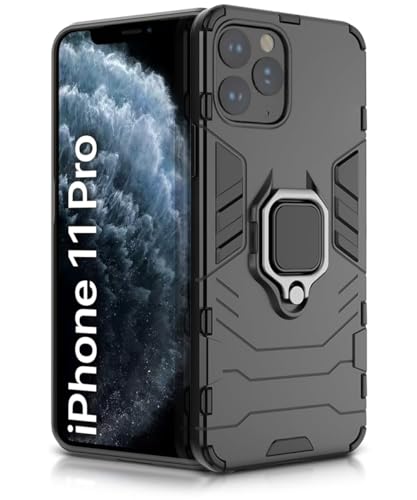 Image of WOW IMAGINE Shock Proof Back Case Mobile Cover Compatible with Apple iPhone 11 Pro (5.8-inch) (Armor | Hybrid PC + TPU | Full Protection with Ring Holder Kickstand | Carbon Black)