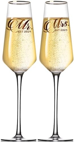 AW BRIDAL Mr And Mrs Champagne Flutes Wedding Gift Set - Crystal Glasses With Engraved Wooden Box
