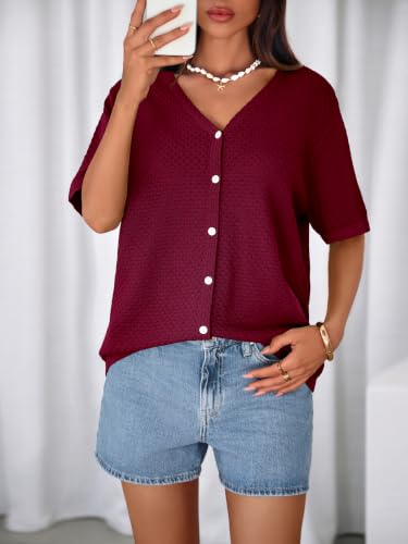 Image of NALANISA Women's Short Sleeve Sweater Spring Summer Crochet Knit Tops 2026 V Neck Striped Button Down Dressy Casual Blouses