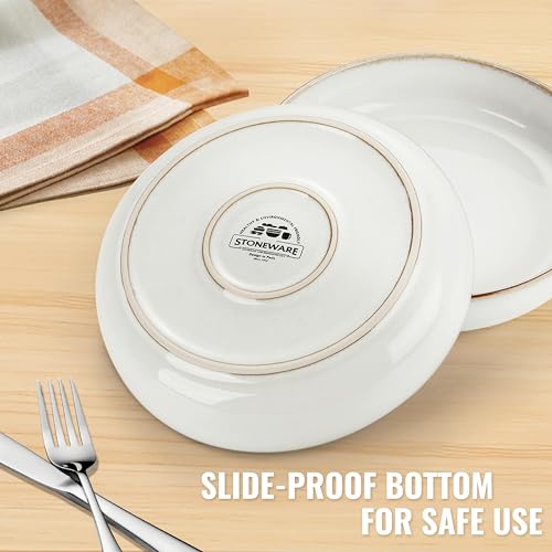 Herogo Stoneware Pasta Bowls Set of 4, 37 Ounce Large Wide Shallow Plates and Stackable Serving Bowls Sets for Salad Soup Cereal, Microwave & Dishwasher Safe, Ivory White