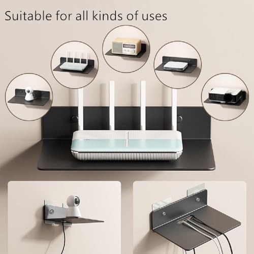 Image of OrganizeMee 30.5 x 21.5 x 4 cm Wall Mount Floating Shelf for Set Top Box, Metal L-Shaped Bracket with Cable Hole & 3 Screw Holes, (Grey)