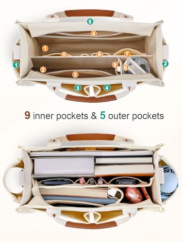 FIORETTO Women's Canvas Tote Bag with Zipper Top, Individual Compartments, Reinforced Bottom, Trolley Sleeve & Adjustable Strap, Doubles as a Crossbody Purse for Work, Travel & Bible, Ivory White L by FIORETTO - Image 6