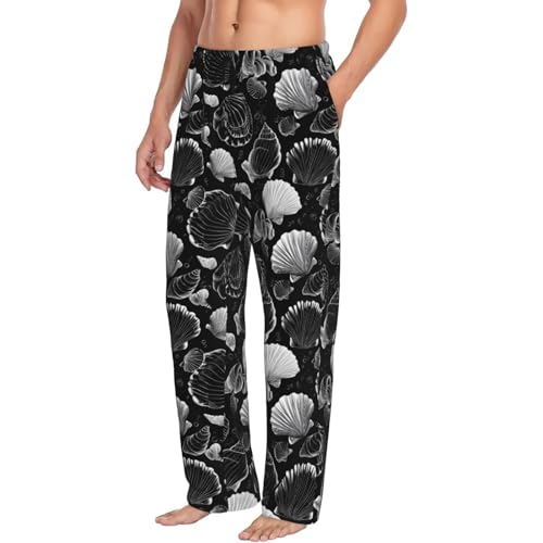 Mens Pajama Pants - Black Sketch Shell Print Soft Sleep Lounge Pants For Men, Casual Pj Bottoms With Pockets - Main Image