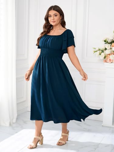 Plus Size Maxi Dress Off The Shoulder Ruffle Smocked Wedding Guest Cocktail Slit Hem Flowy Dresses for Curvy Women4