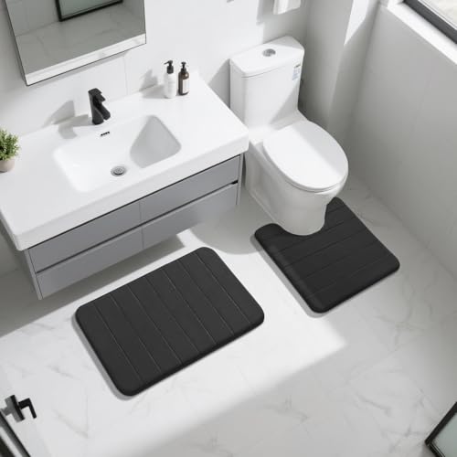 Image of Yimobra Memory Foam Bath Mat Set 2 Piece - Super Soft Absorbent Quick Dry Bathroom Toilet Rugs, Machine Washable Non Slip Floor Carpet for Tub Shower & Single Sink (31.5x20 & 24x20, Black)