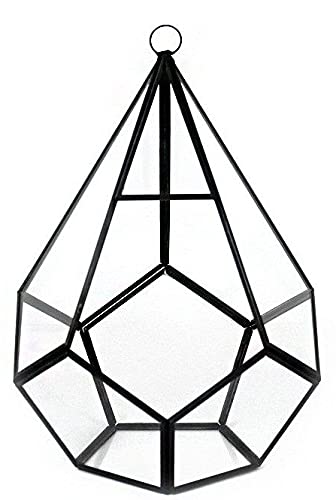 Floralcraft Hanging Metal and Glass Teardrop Terrarium - Black (15cm W x 21cm H), Open Geometric Glass Terrarium Diamond Shaped Flower Display Planter Pot for Succulent Fern Moss Cacti