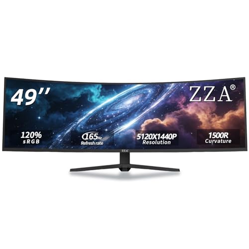 ZZA Ultrawide 49 Inch Curved Monitor 5120×1440P 165Hz Large Computer Monitor 5K Dual Quad High Definition 1500R Curved AMD FreeSync 120% sRGB Height Adjustable, HDMI 2.1 & DP 1.4, VESA Mount, Black
