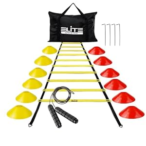 Elite Athletics Speed Agility Ladder Training Set, 12 Rung 20ft Agility Ladder, 12 Cones, Jump Rope, 4 Steel Stakes & Carrying Bag to Improve Speed, Agility, Footwork: Blue, Green, Red Yellow
