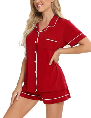 Image of SWOMOG Womens Button Down Pajamas Set Short Sleeve Sleepwear Bride Soft Pj Lounge Sets XS-3XL