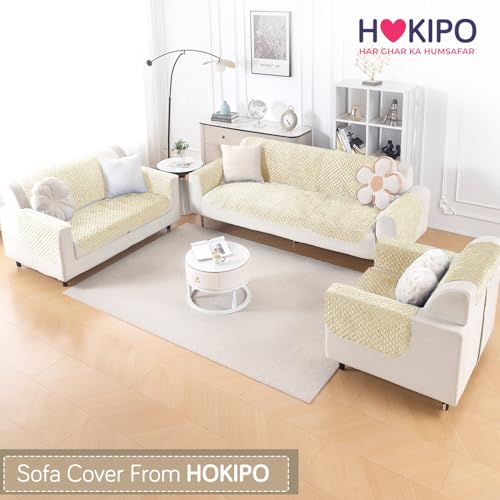 Image of HOKIPO Quilted Sofa Cover 6 Seater Set - Washable 3+2+1 Sofa Panel for Seat & Back | 'Quilt Classic' Beige (IN-927+926+925 * 2-Beige)