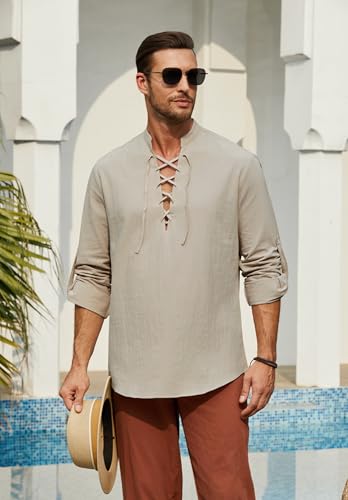 Enlision Camisas de Lino y algodón para Hombre con Cordones Estilo Medieval Vintage de Manga Larga clásicas escocesas jacobitas Estilo Ghillie Color Caqui Tallas M