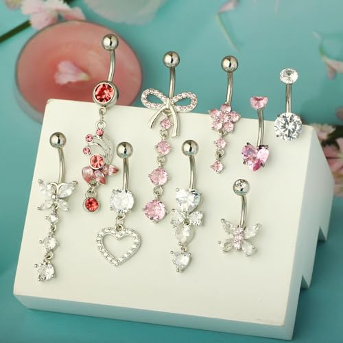 14G Belly Button ring Dangle Belly Rings Surgical Stainless Steel Cute Bow Butterfly Heart Flower Dangling Belly Button Piercing Jewelry For Women Silver Dainty Dangly Navel Ring2