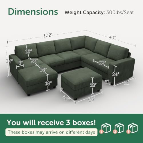 Image of HONBAY Corduroy Sectional Couch with Storage, 8 Seater U Shaped Sectional Sofa Sectional Couches for Living Room, Green