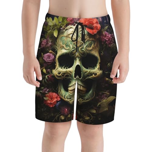 Boys Swim Trunks Beach Board Shorts Summer Bathing Suits Teen Kids, Skull Flowers Weed3