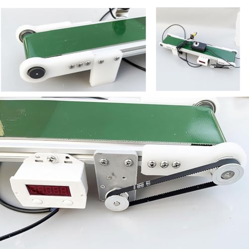 Cinta transportadora pequeña con velocidad ajustable y contador automático, perfecta para experimentos de fricción en laboratorios de ciencias y proyectos educativos