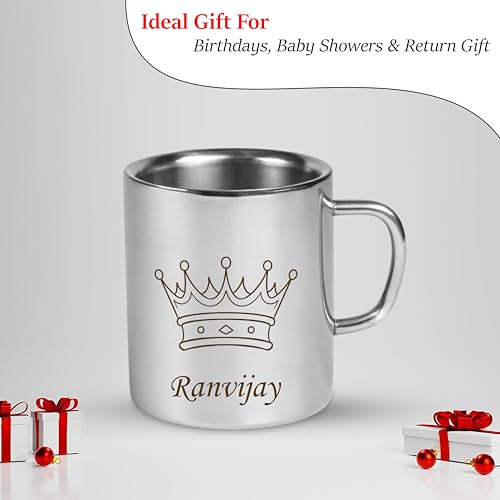Image of SAVRI Personalized Stainless Steel Mug for Kids with Customized Name Engraved & Cartoon Design | 220 ml Double Wall Insulated Mug for School, Milk, Juice & Water (Queen Crown)