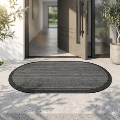 Image of Heavy Duty Front Door Mat 45 x 75 cm, Outdoor Indoor Welcome Mat, Non Slip Dirt Trapper Entrance Rug for Entryway, Patio & Porch,Washable Low Profile Foot Mat (Grey Oval 2 x 3.5 feet)