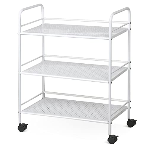 Topeakmart 3-Tier Salon Rolling Trolley Cart Beauty Storage Spa Holder Utility 3 Facial Tray for Hair Styling Facial Tools, Mobile Organizer, Medical Esthetic Supply Holder, Metal, White