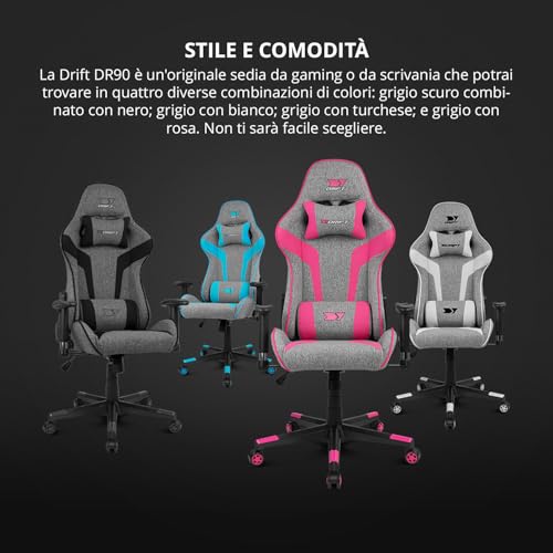 DR90 – Sedia gaming ergonomica con poggiatesta e supporto lombare, schienale reclinabile a 135°, braccioli 2D regolabili, tessuto traspirante, base in nylon e pistone a gas, Grigio-Rosa - Sedia gaming - Immagine 7
