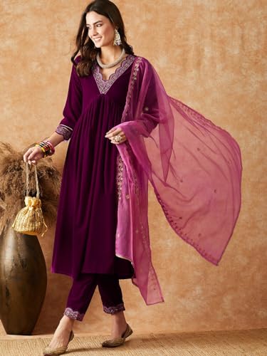 Image of SheWill Women's Zari Sequence Embroiderd Velvet Kurta with Pant and Dupatta| Salwar Suit Set with Dupatta| Velvet Kurta Set Women| Kurta Set for Women|Kurta Set with Dupatta for Women| Anarkali Kurta