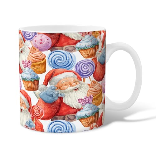 Taza de café de cerámica de Papá Noel, festiva de Navidad, diseño de magdalenas, piruletas, Navidad, color rojo, novedosa taza para beber con asa, regalo para amistad, familia, colegas, personal