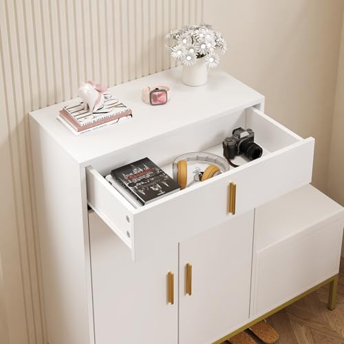 Image of HedoAjim L-Shaped Shoe Storage Cabinet with Bench, Entryway Shoe Cabinet with Drawer, Modern Freestanding Shoes Organizer Cabinet for Entryway Hallway Front Door, White