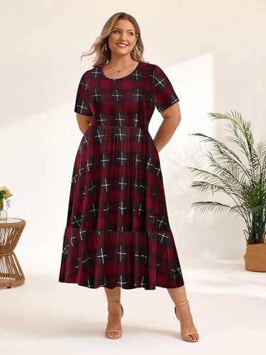 Image of LARACE Plus Size Dresses for Women Summer Casual Short Sleeve Long Dress Flowy Maxi Beach Dresses with Pockets L-6XL