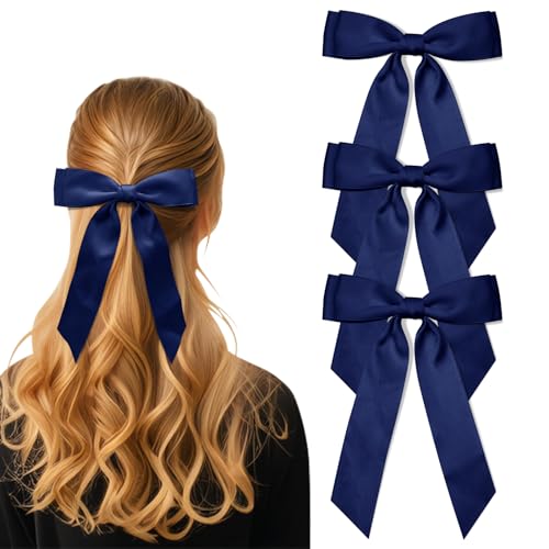 Image of 3Pcs Dark Blue Hair Bows for Women Double-Layer Long Tail Bow Hair Clip Hair Ribbon Ponytail Holder Hair Accessories for Girls Toddlers