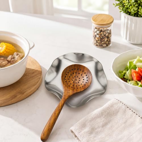 Image of VanlonPro Stainless Steel Spoon Rest, Spatula Ladle Holder, Stainless Steel Utensil Spoon Rest Holder, Brushed Finish, Dishwasher Safe 5.9 Inch (Flower Silver 1PC)