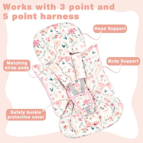 Image of 3-in-1 Infant Car Seat Insert, Soft Head and Body Support,Ultra & Strap Covers Set, Reversible Newborn Car Seat Cushion Pad for Baby Boy & Girl fits Stroller, Swing, Bouncer (Pink Bow)
