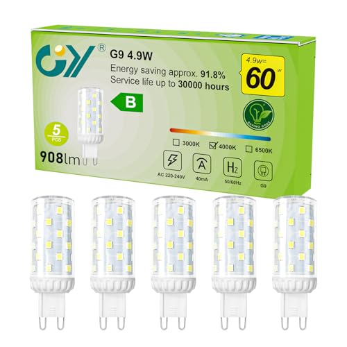 Lampadine G9 LED, 4.9W Equivalente Alogena G9 60W, 908 Lumen, 4000K Lampadine G9 LED Luce Naturale, Lampade LED Attacco G9, Risparmio Energetico, Senza Sfarfallio, Non Dimmerabile, 5 Pezzi