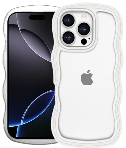 Image of GoldKart iPhone 16 Pro Case Wavy Edge Clear Back Design, Anti-Slip Grip Cute Wave Curly Frame Shape Shockproof Soft TPU & Hard PC Bumper Protective Phone Case Cover for Women Girls - White