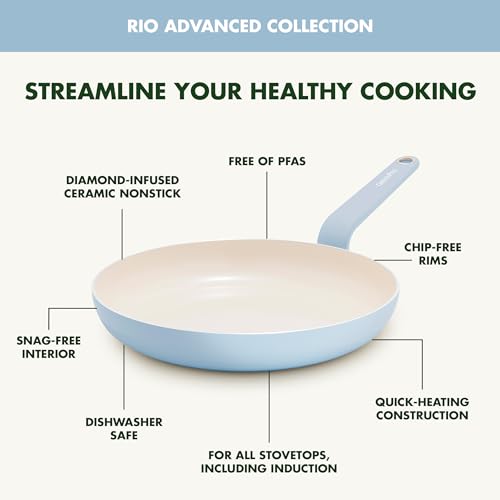 Image of GreenPan Rio Advanced 10 inch Frying Pan Skillet, Ceramic Nonstick PFAS-Free, Induction Ready, Dishwasher and Oven Safe, Blue