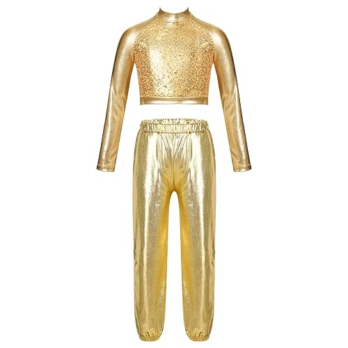 JanJean Kids Girls 2Pcs Dance Tracksuit Shiny Metallic Crop Top with Athletic Sweatpants Jazz Hip Hop Jazz Dance Costume Gold 16 Years