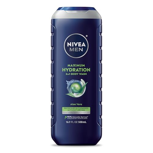 NIVEA MEN Maximum Hydration Body Wash for Dry Skin, Aloe Vera Enriched, 3-in-1 Moisturizing Body Wash, Face and Hair, Paraben Free, Vegan Formula, 16.9 Fl Oz Bottle