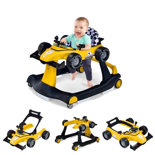 Image of GLACER Foldable Baby Walker, 4-in-1 Infant Walker with Adjustable Height & Speed, Music, Light, Steering Wheel & Washable Cushion, Baby Walker Activity Center for Boys Girls 6 -18 Months (Yellow)