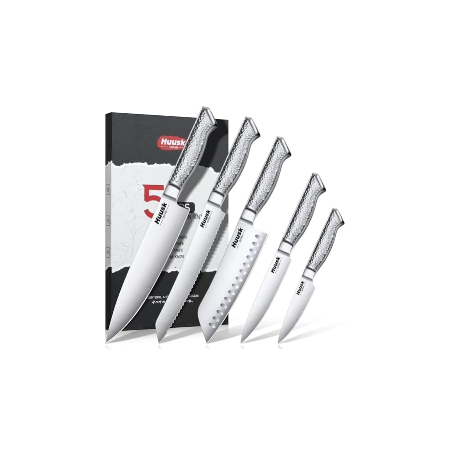 Huusk Chef Knife Set of 5, Japanese Stainless Steel Knife Set Dishwasher Safe, Ultra Sharp Kitchen Knives Sets with Ergonomic Anti-slip Handle, Professional Cooking Knives Sets, Christmas Gifts Ideas