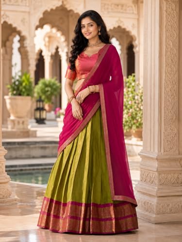 Image of RENVAANI Women's Traditional Kanjivaram Kanchipuram Silk Zari Weaving Unstitched Lehenga Choli with Dupatta