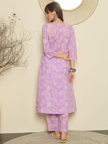 Image of INDO ERA Women Co Ord Set For Women Stylish | Pure Cotton Printed A-Line Kurta with Pant | Ethnic Wear for Women | Indian Casual Office Daily Summer Outfit, IESTR11879L | XS, S, M, L, XL, XXL | Purple