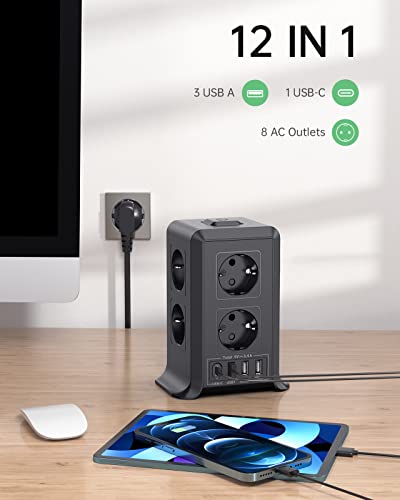 multiprise avec interrupteur, sameriver tour multiprise 8 prises et 4 usb(3 usb a&1 usb c max 5v/3.4a, multiprise parafoudre et surtension, 2m câble à la maison et au bureau