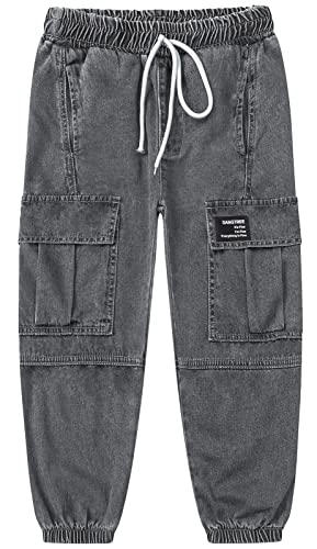 Sangtree Girls Cargo Pants,Denim Elastic Waist Drawstring Jeans Tapered Multi Pockets Cargo Jogger Pants For Girl,Denim Black,11-12 Years Toddler = Tag 160 #TOP1