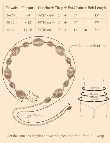 Image of TOPACC Western Metal Concho Belt for Women Cowgirl Chain Belts for Dresses Jeans Country Concert Outfit