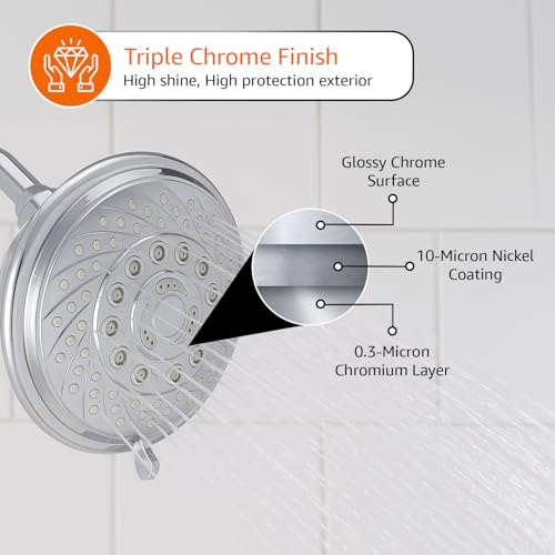 Image of Amazon Basics Shower Head for Bathroom | Round Multifunction 5-Spray Overhead Shower | Wall Mount Bathroom Shower with Pause Function, Chrome Finish, 3.9 Inches Wide Sprayface, CHROME finish